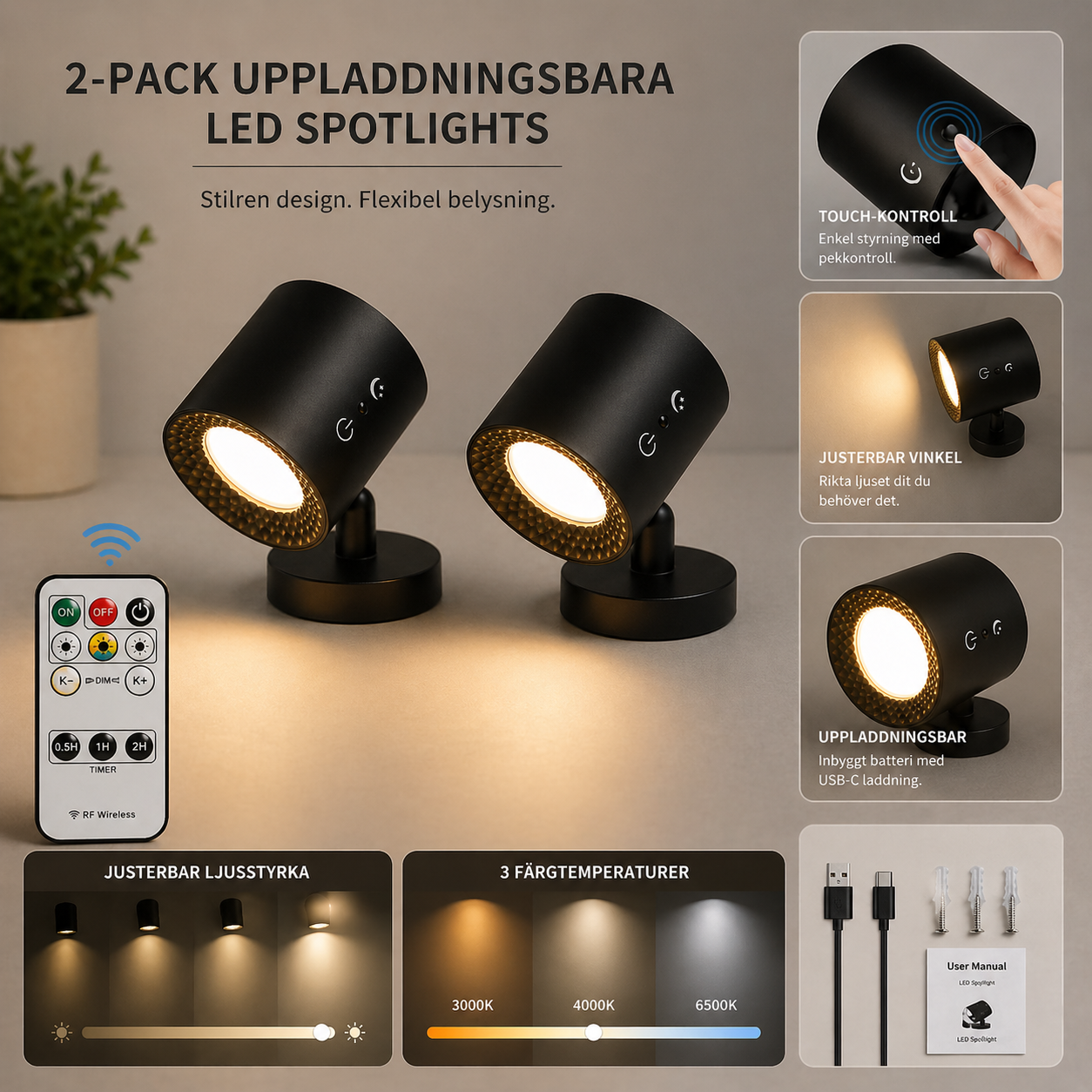 Dubbelljus | Roterbar LED-vegglampe (2-pakning)