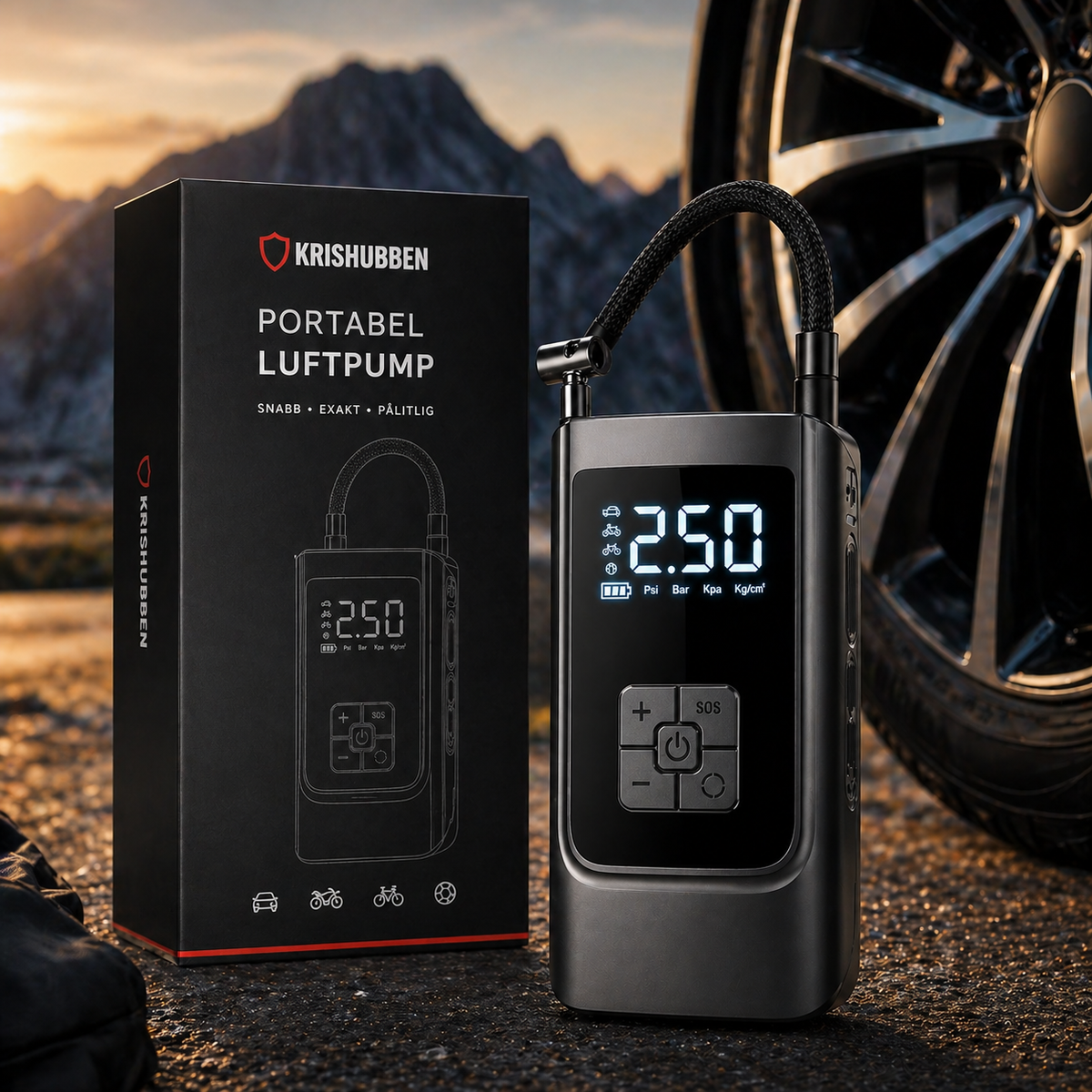 Portabel elektrisk luftpumpe for bil, motorsykkel og sykkel