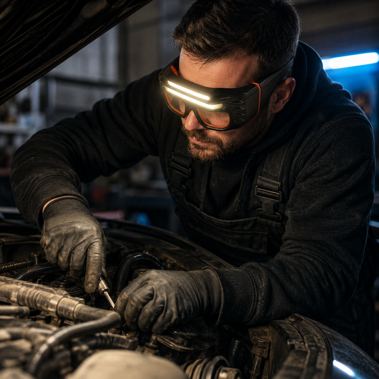 Arbeidsbriller med LED-lys for verksted og reparasjoner