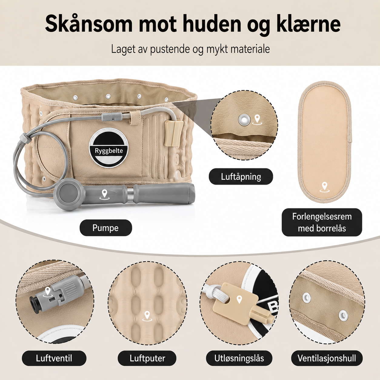 Oppblåsbar ryggstøtte for korsryggen – justerbar støtte rundt midjen