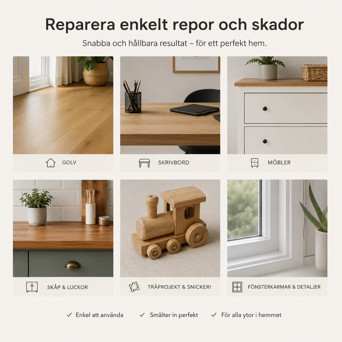 Reparasjonssett for tregulv og laminat