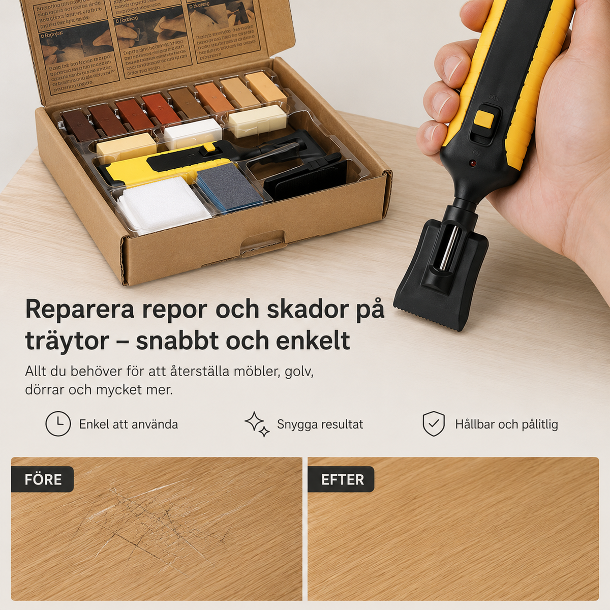 Reparasjonssett for tregulv og laminat