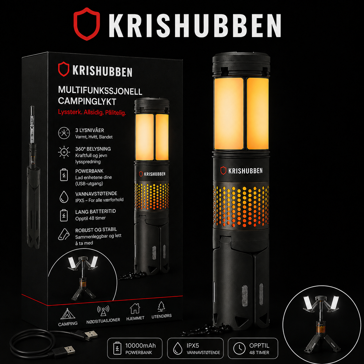 Oppladbar campinglampe med powerbank og lommelykt