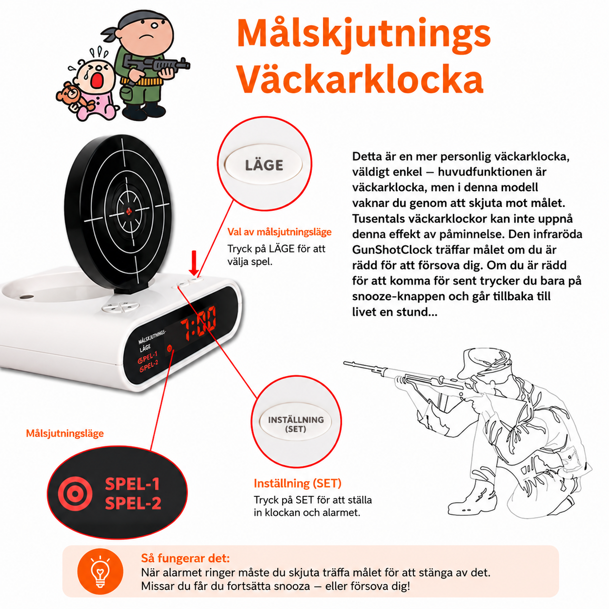 Vekkerklokke med målskive og lyspistol