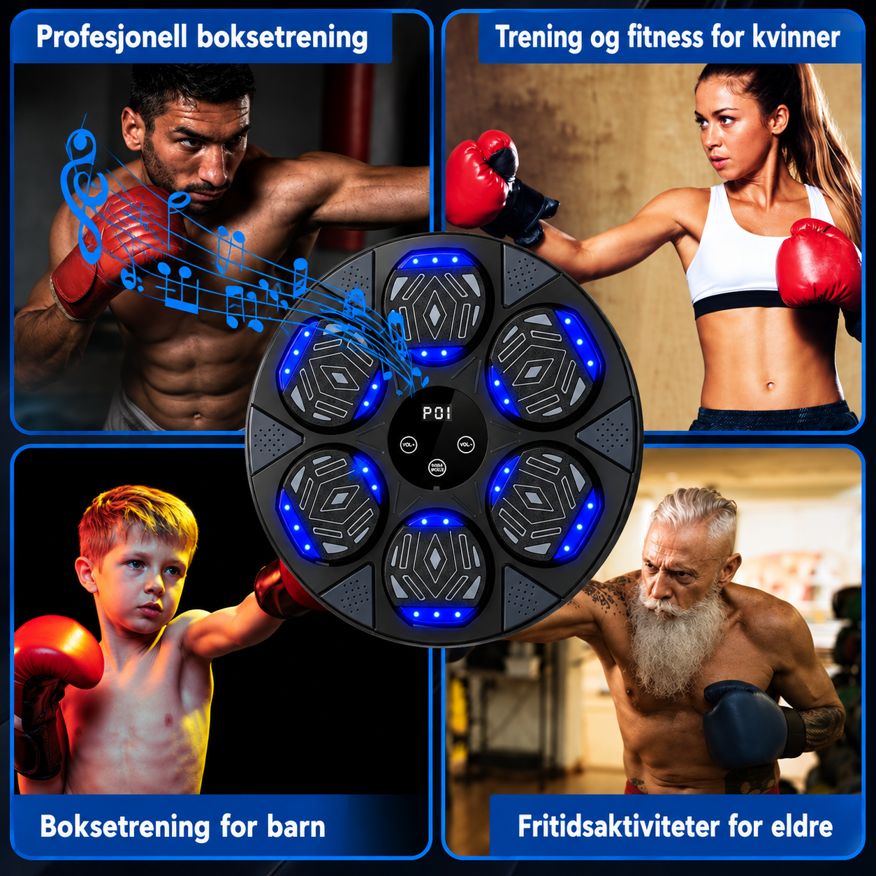 Interaktiv boksemaskin med Bluetooth og 15 treningsnivåer
