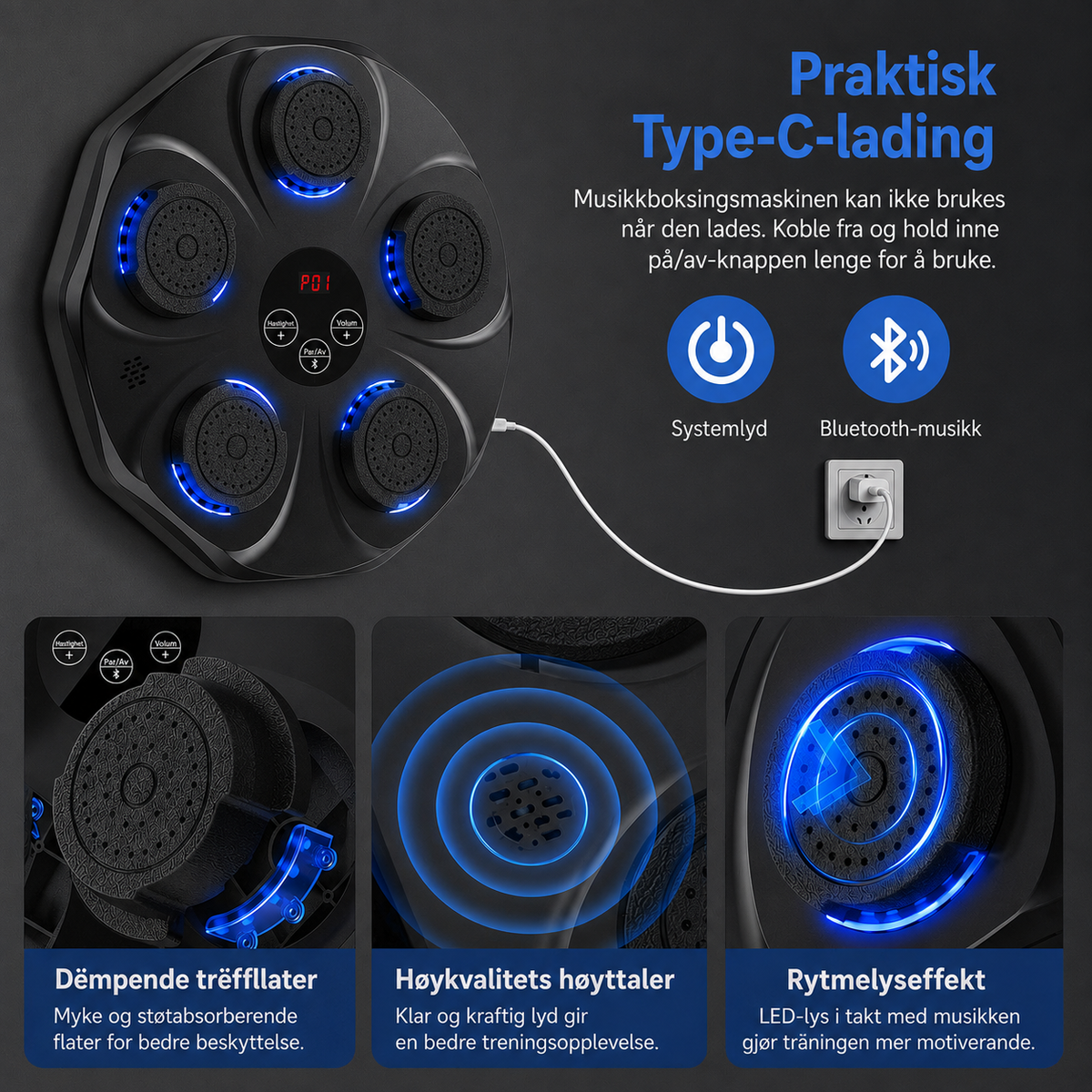 Interaktiv boksemaskin med Bluetooth og 15 treningsnivåer