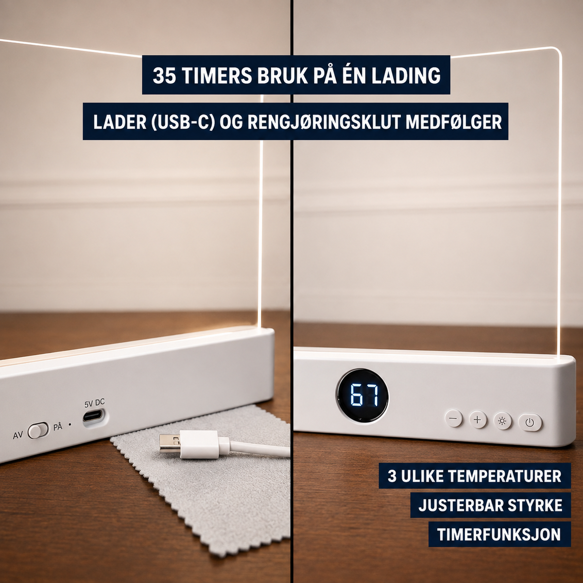 Oppladbar leselampe for bok – justerbart lys for kveldslesing