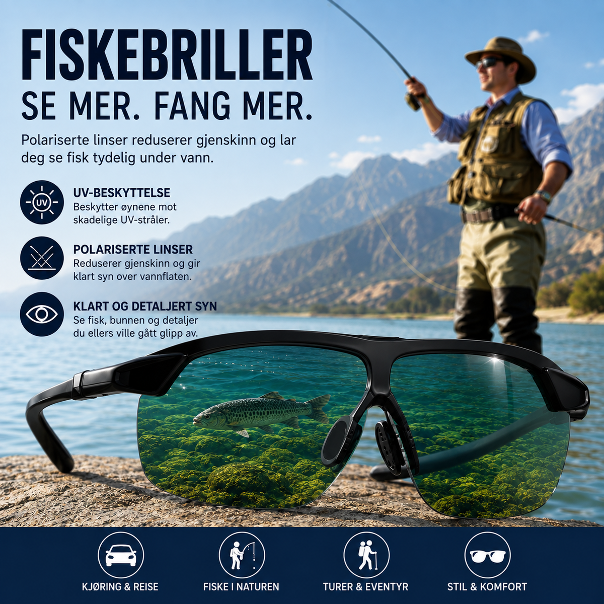Polariserte fiskebriller – reduserer gjenskinn fra vannet