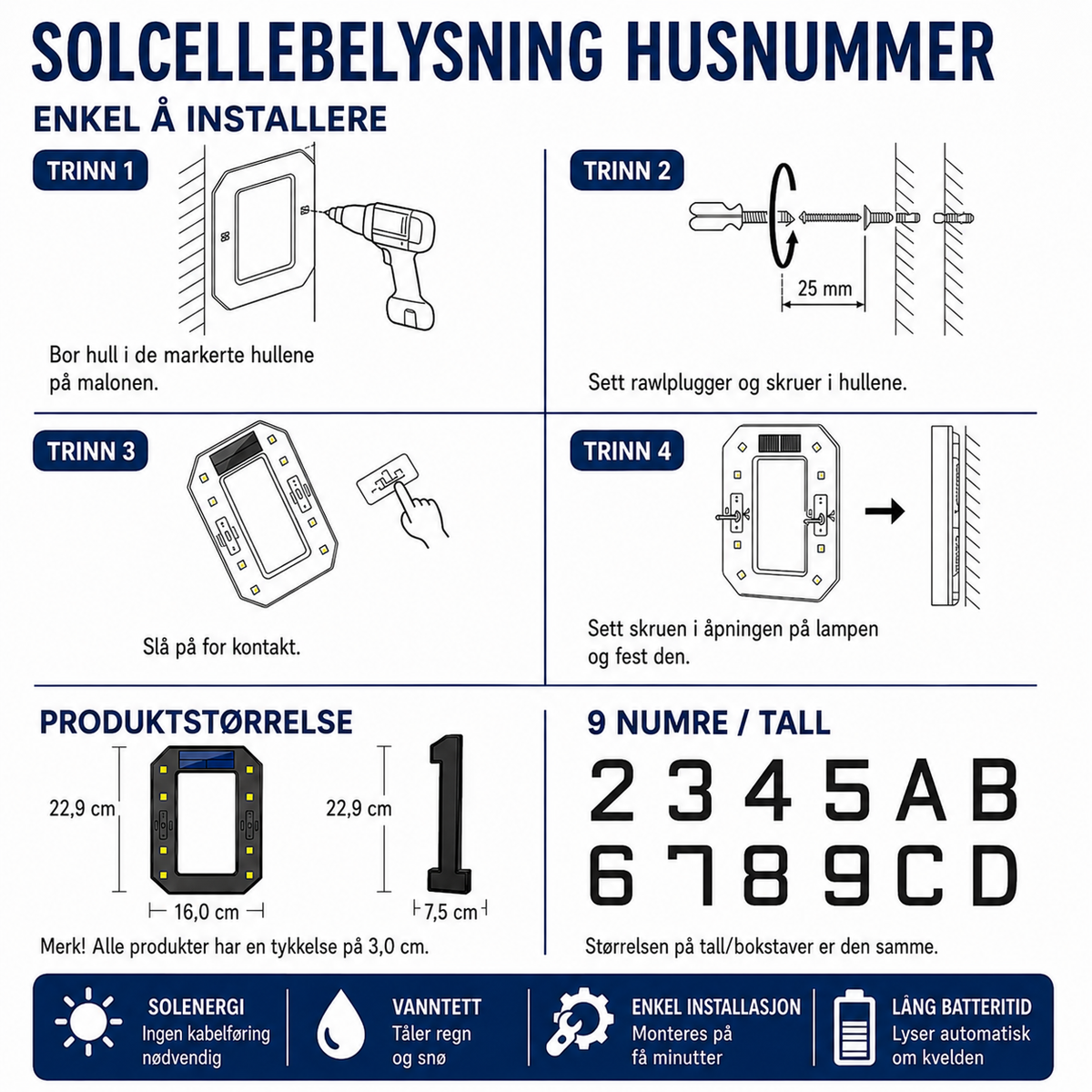 Solcelledrevne husnumre med belysning