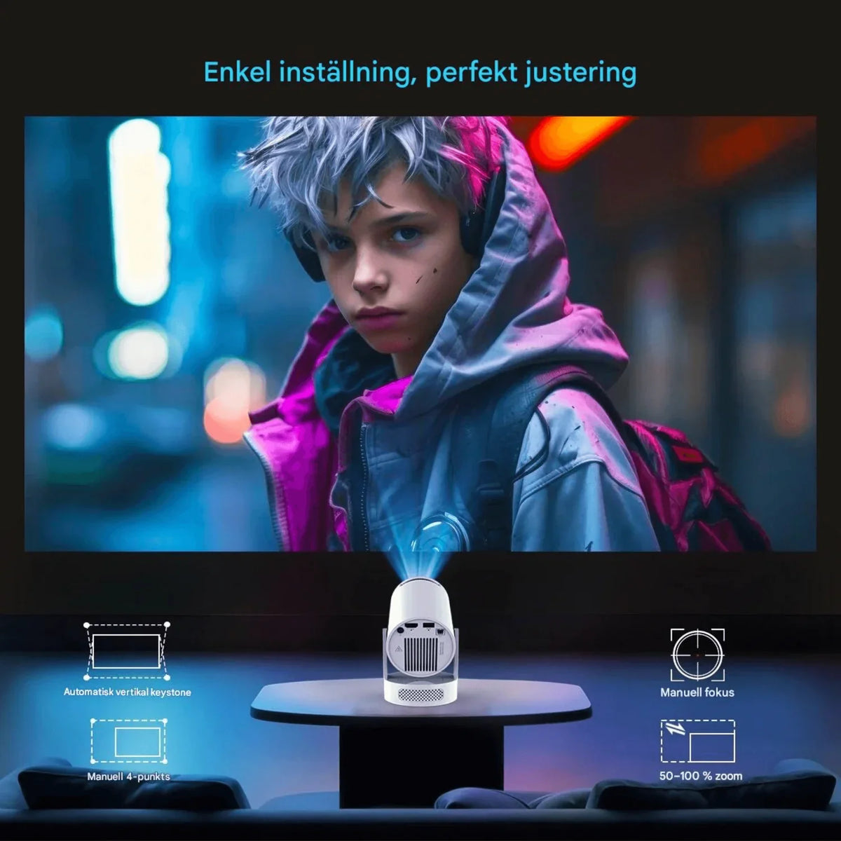 Portabel smartprojektor med WiFi, Bluetooth og Android