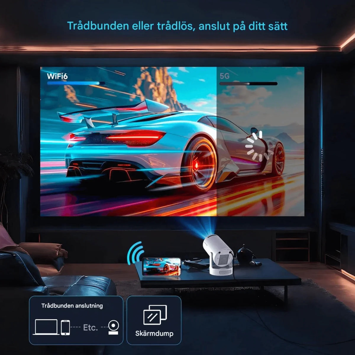 Portabel smartprojektor med WiFi, Bluetooth og Android