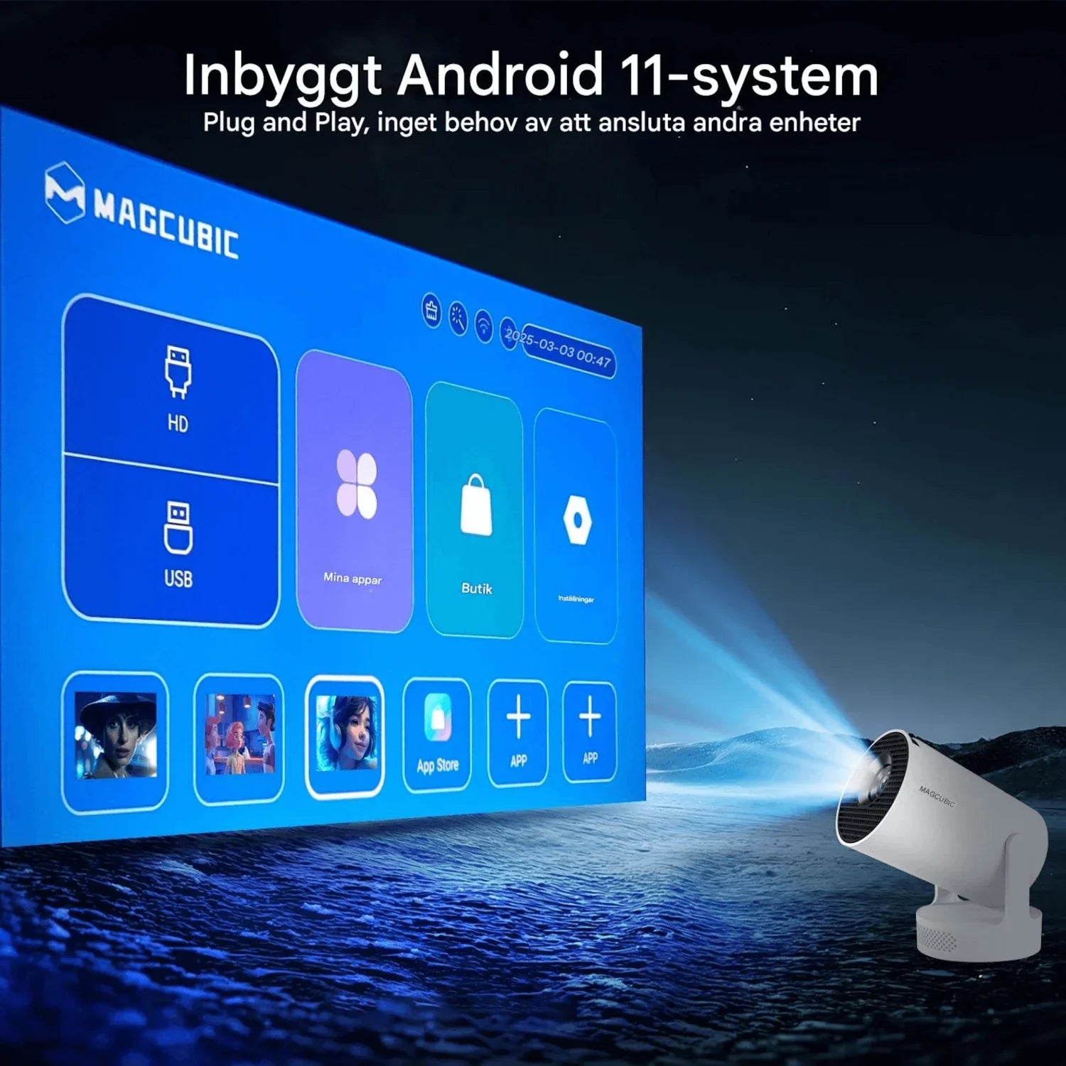 Portabel smartprojektor med WiFi, Bluetooth og Android