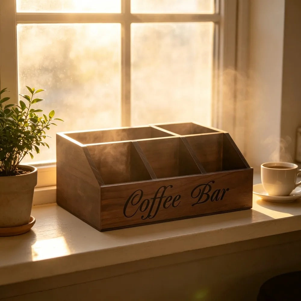 Tom kaffestationsorganisatör i trä vid ett fönster