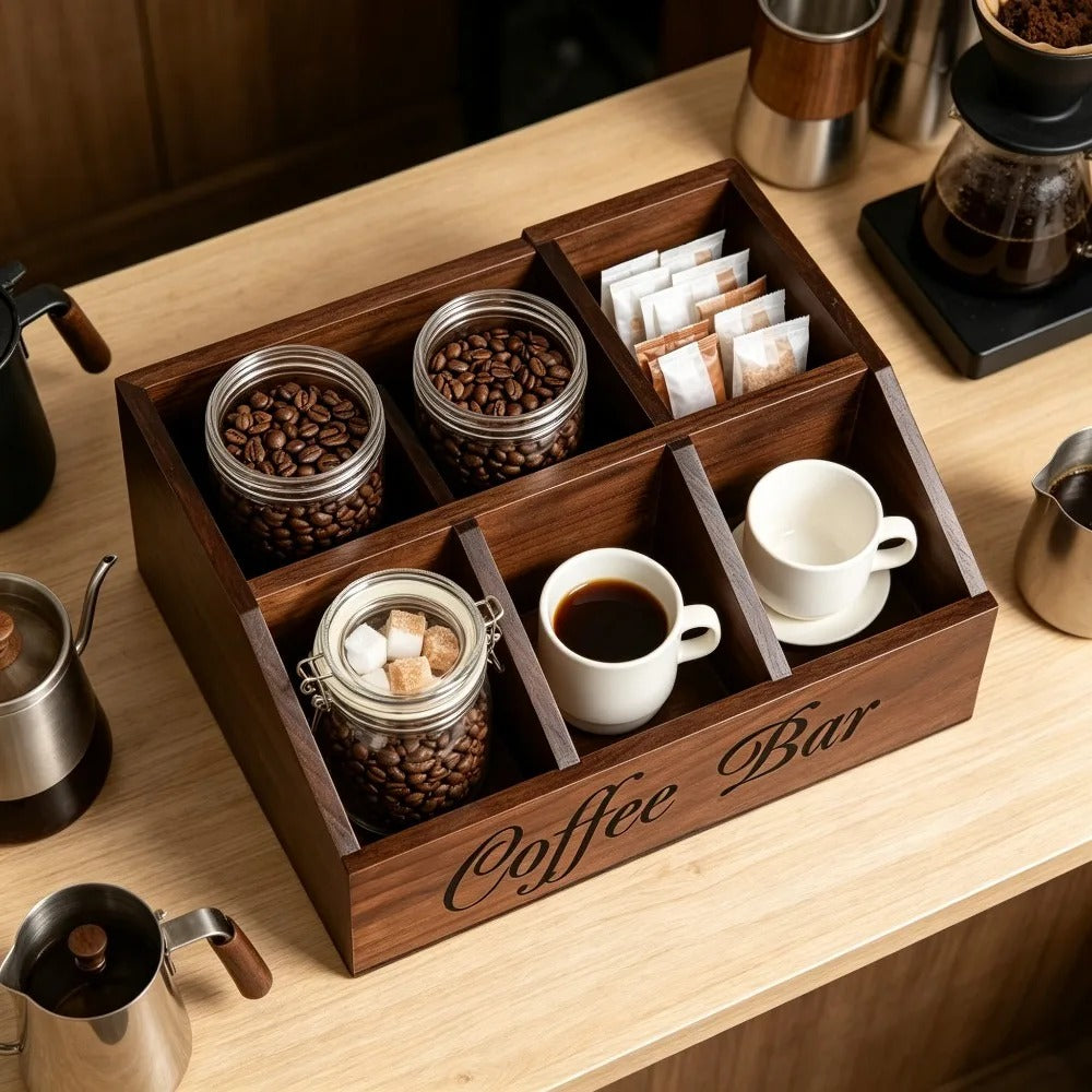 Kaffestationsorganisatör i trä med kaffeartiklar