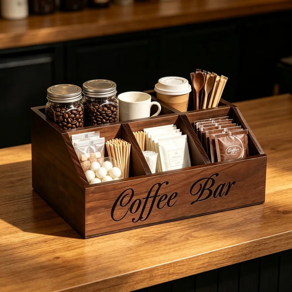 Kaffestationsorganisatör med flera fyllda fack
